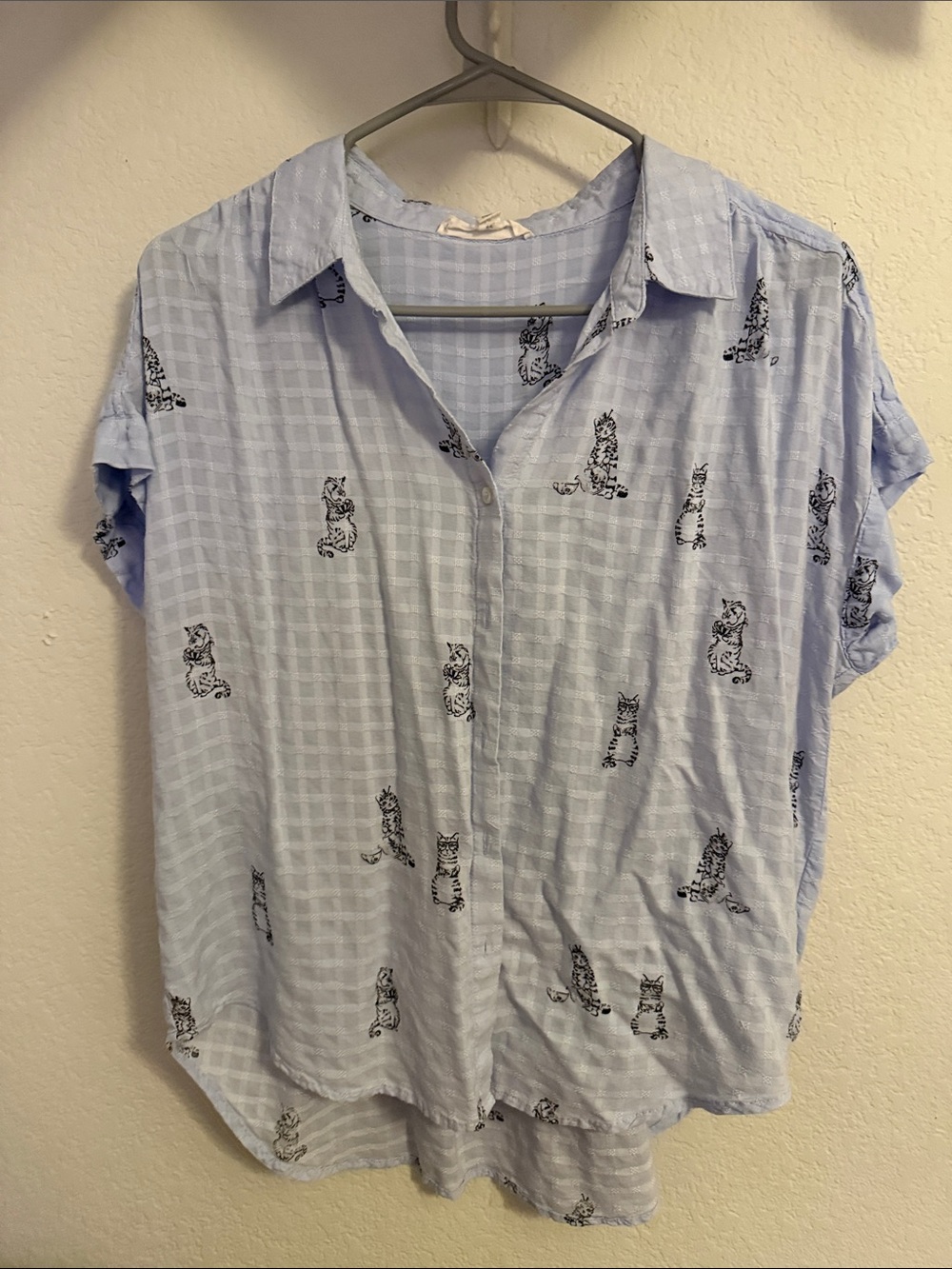 Jane and Delancey Light Blue Cat Print Button Front Blouse